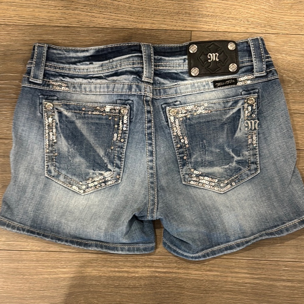 Miss Me Blue Denim Shorts with Silver Accents